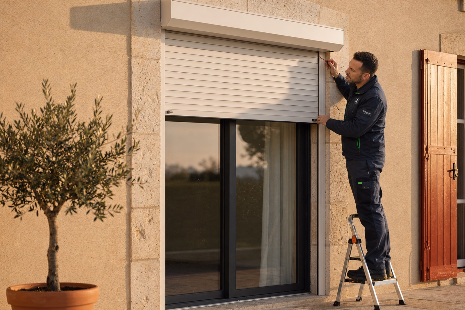 Technicien en intervention sur un volet roulant bloqué d&#39;une maison à Anglet, caisson ouvert et outils posés sur l&#39;appui de fenêtre