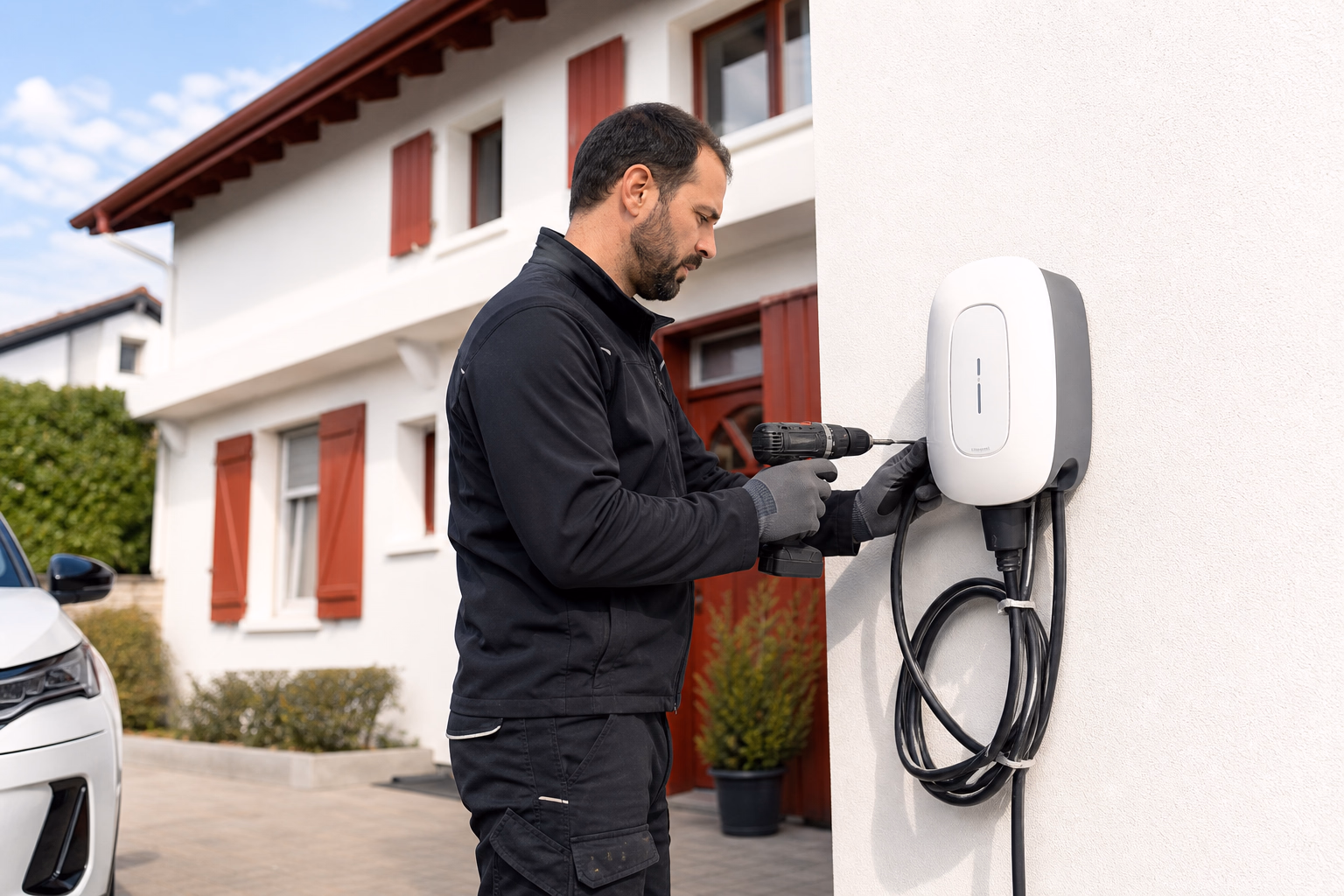 Électricien en tenue de travail installant une wallbox blanche sur le mur extérieur d&#39;une maison du Pays Basque, câble et perceuse à la main