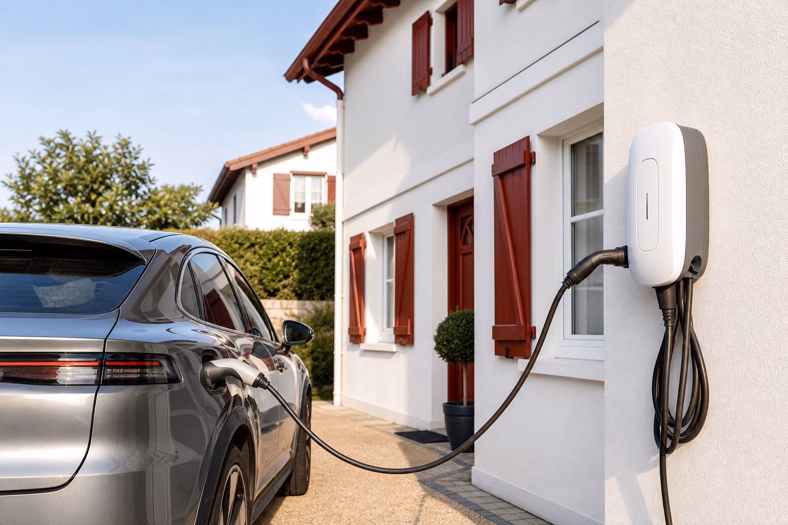 Voiture électrique branchée à une wallbox murale dans une allée de maison, façade typique du Pays Basque en arrière-plan