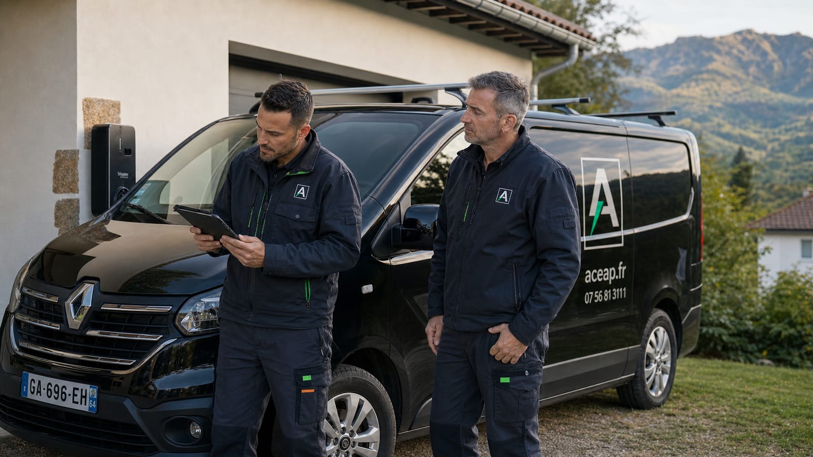 Équipe d'électriciens ACEAP devant le camion floqué après une intervention en Pyrénées-Atlantiques