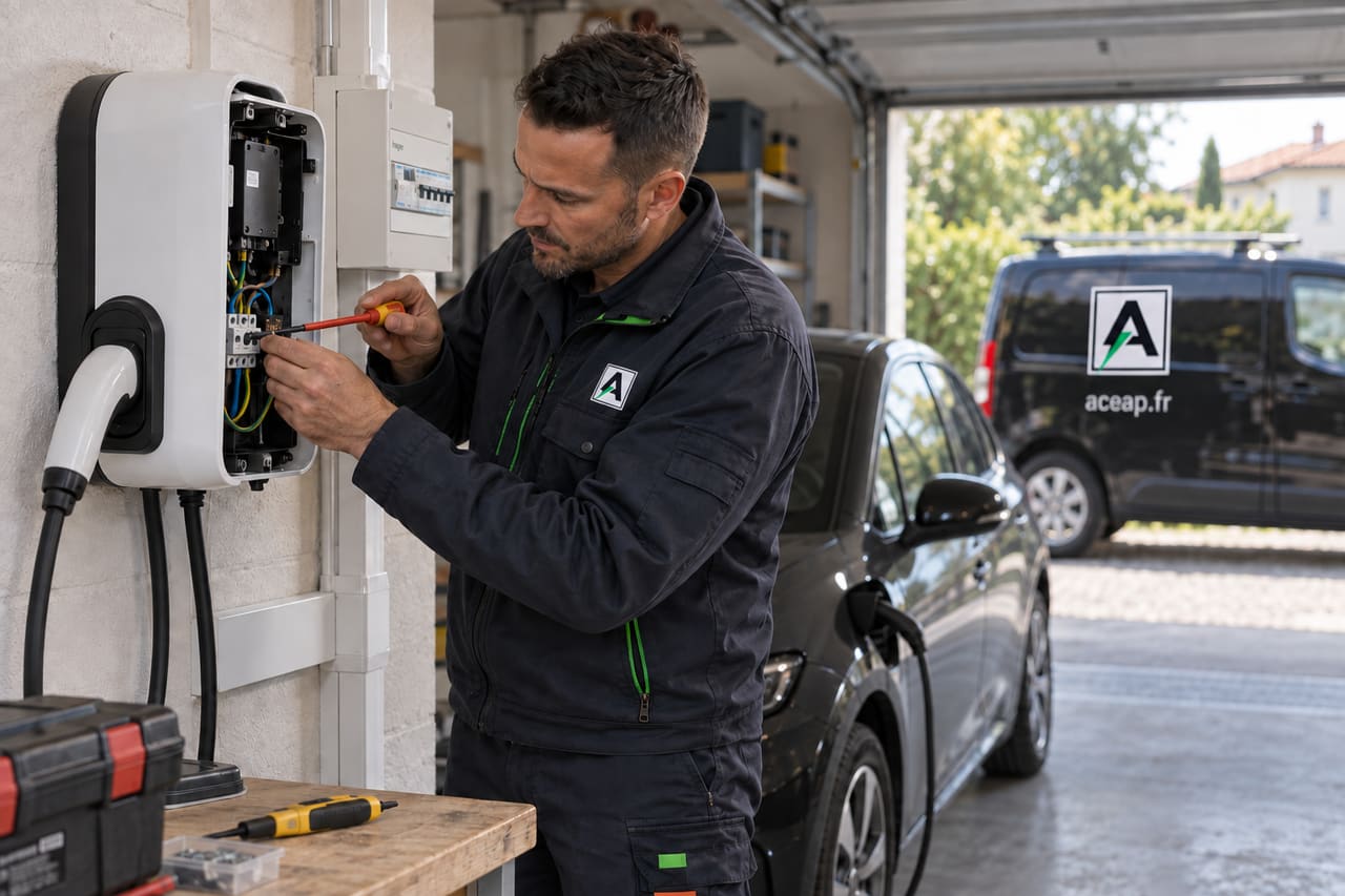 Électricien ACEAP installant une wallbox murale dans le garage d'une maison de l'agglomération toulousaine