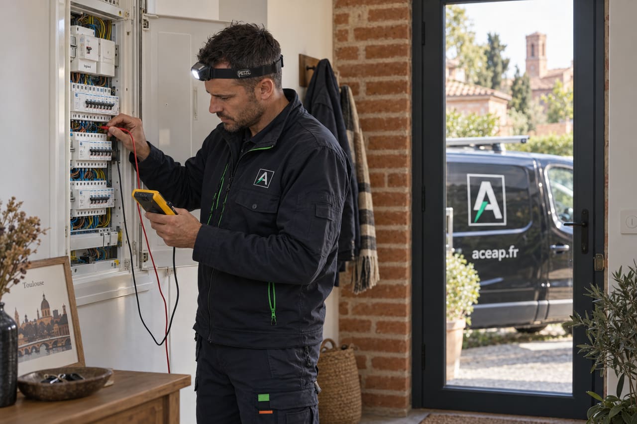 Électricien ACEAP diagnostiquant un tableau électrique dans une maison toulousaine