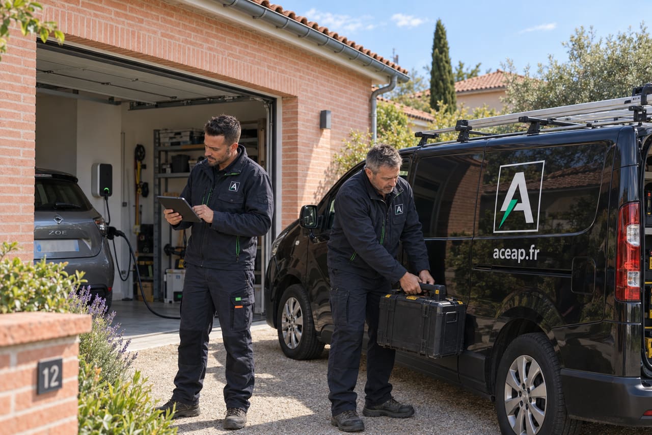 Électriciens ACEAP devant une maison en brique de la périphérie toulousaine, près de Blagnac