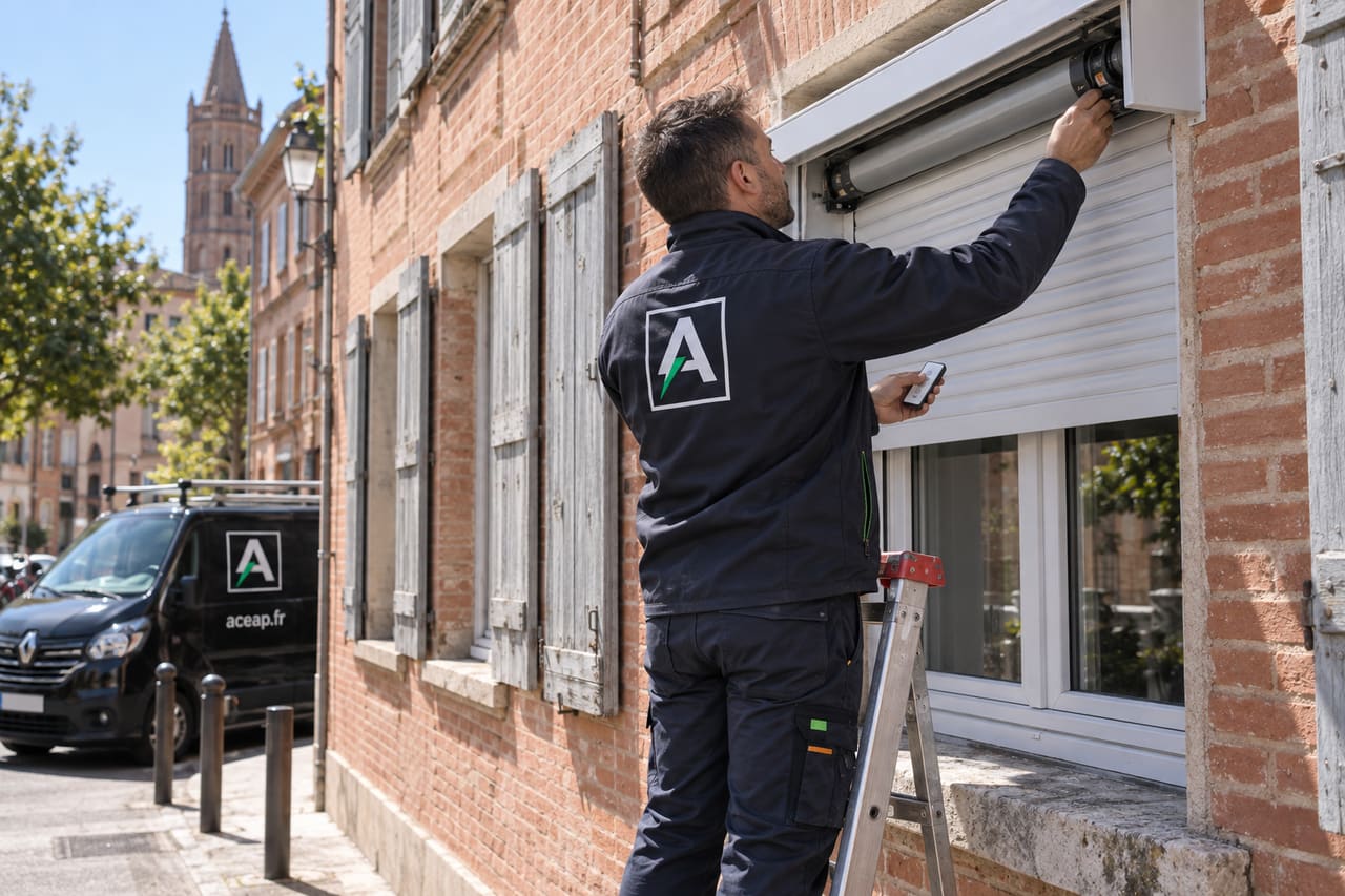 Électricien ACEAP motorisant un volet roulant sur une façade en brique du centre de Toulouse